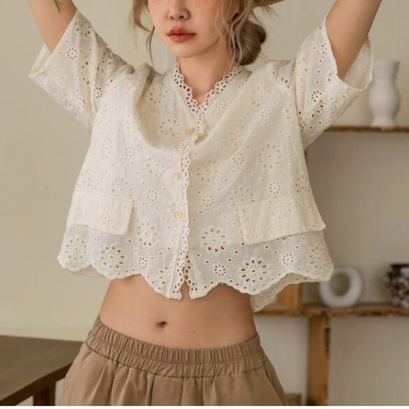 DAZY Eyelet Embroidery Button Front Blouse - Picture 5 of 5